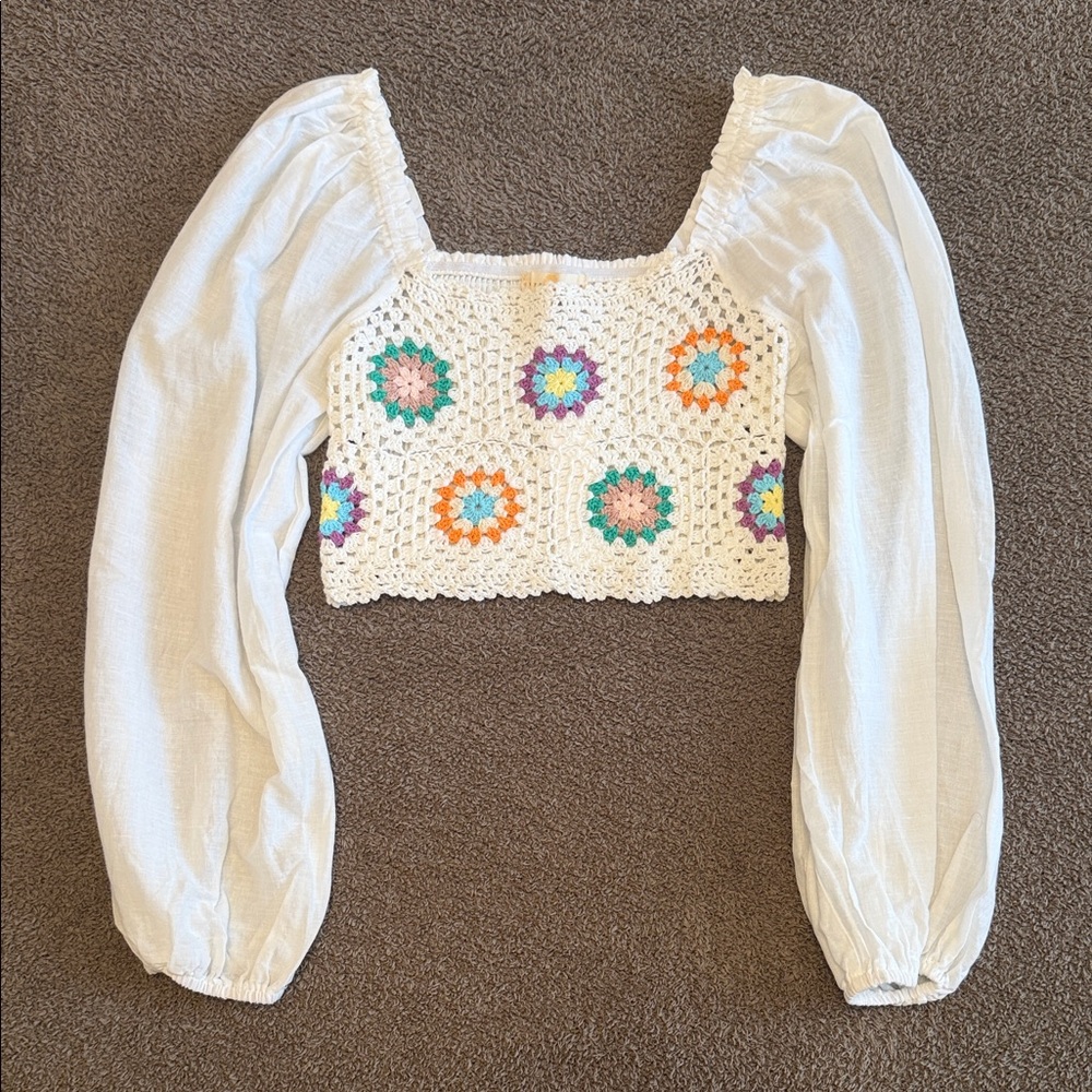 Elegant Crochet Puff Sleeve Crop Top - White